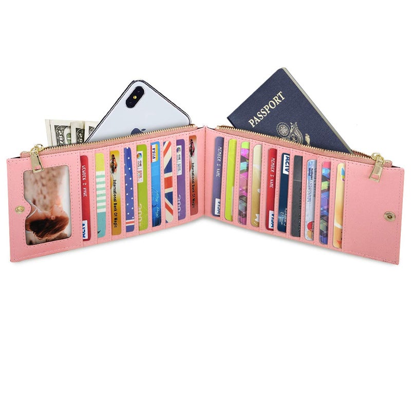 Coco Rossi Womens RFID Blocking Pink Glitter Leather Multi Card Organizer Bifold Pink Wallet with Zipper Pocket,Rose Gold - Image 2